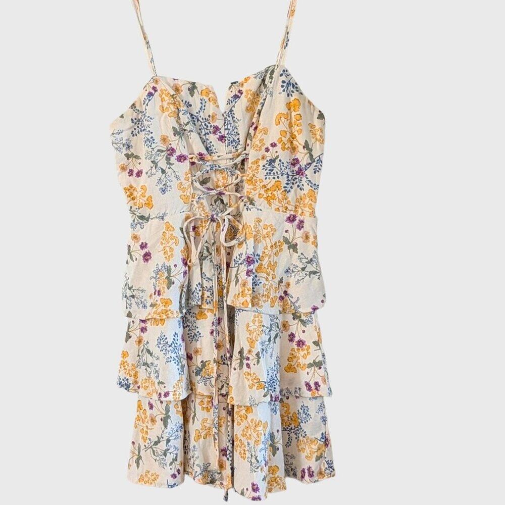 Trixxi Linen Blend Corset Floral Tiered Mini Dress size L Cottagecore Milkmaid